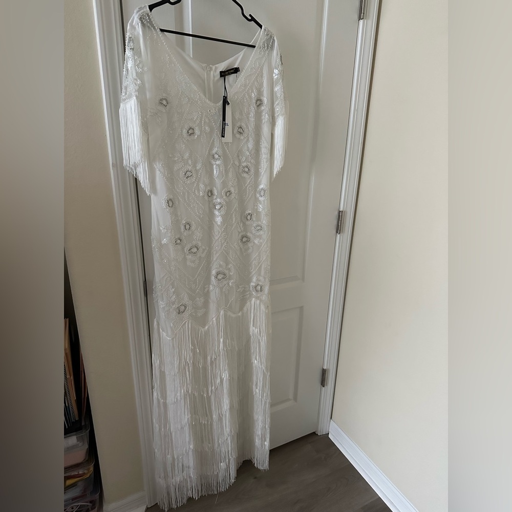 Elegant White Beaded Fringe Wedding Dress